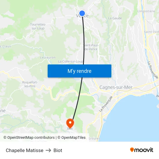 Chapelle Matisse to Biot map