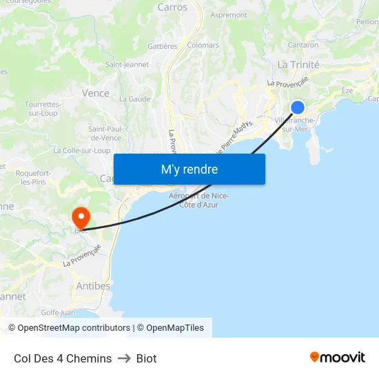 Col Des 4 Chemins to Biot map