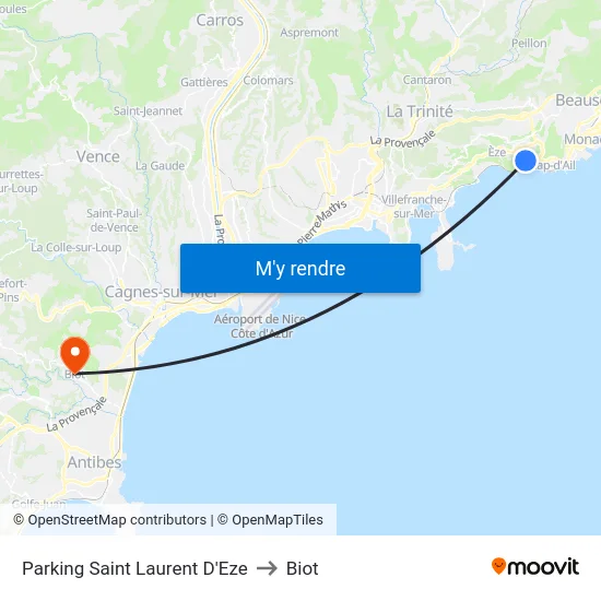 Parking Saint Laurent D'Eze to Biot map