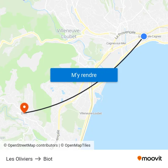 Les Oliviers to Biot map