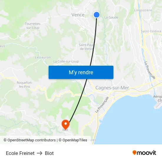 Ecole Freinet to Biot map