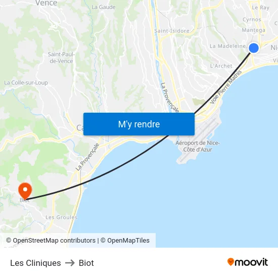 Les Cliniques to Biot map