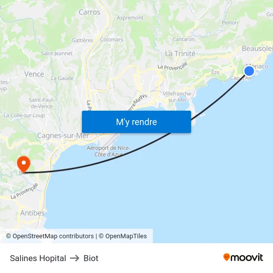 Salines Hopital to Biot map