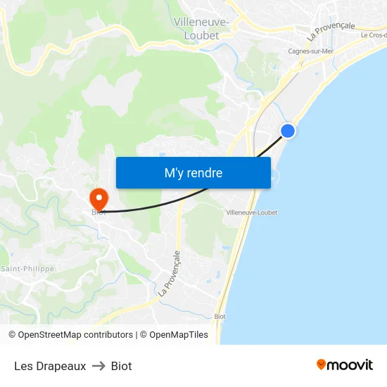 Les Drapeaux to Biot map