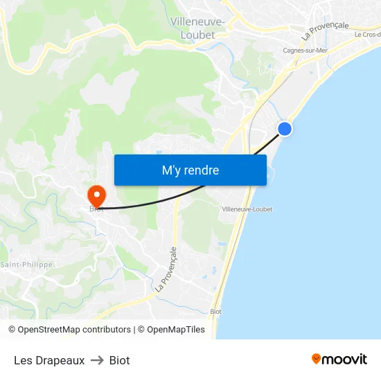 Les Drapeaux to Biot map