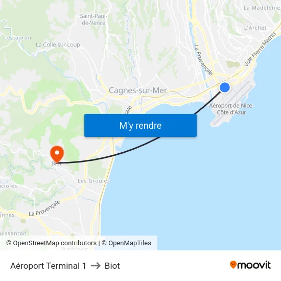 Aéroport Terminal 1 to Biot map
