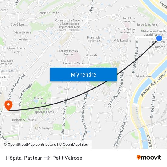 Hôpital Pasteur to Petit Valrose map