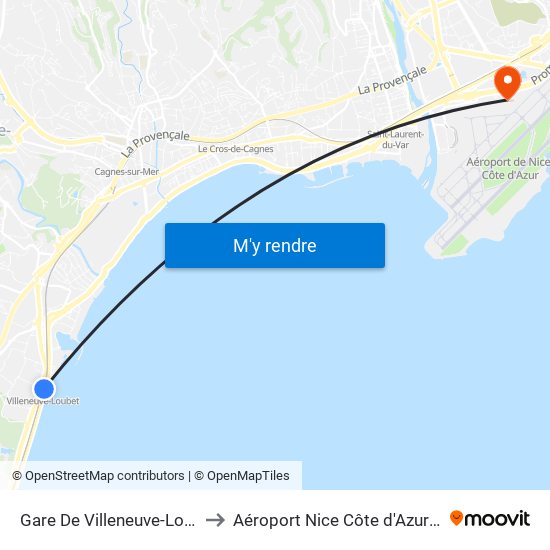 Gare De Villeneuve-Loubet-Plage to Aéroport Nice Côte d'Azur - Terminal 1 map