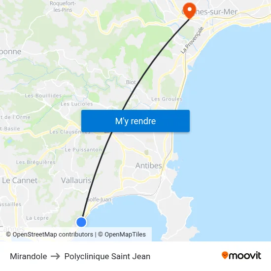 Mirandole to Polyclinique Saint Jean map