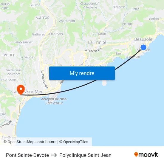 Pont Sainte-Devote to Polyclinique Saint Jean map