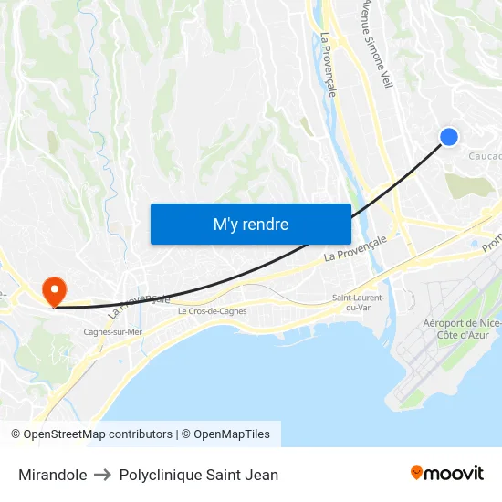 Mirandole to Polyclinique Saint Jean map