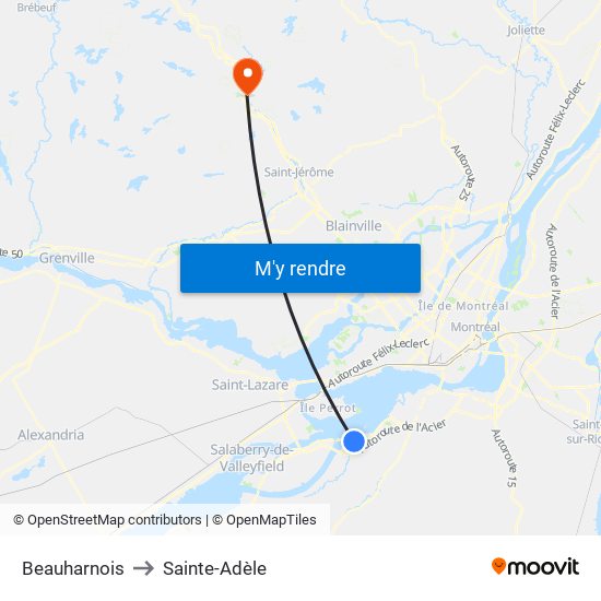 Beauharnois to Sainte-Adèle map