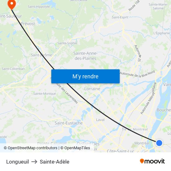 Longueuil to Sainte-Adèle map