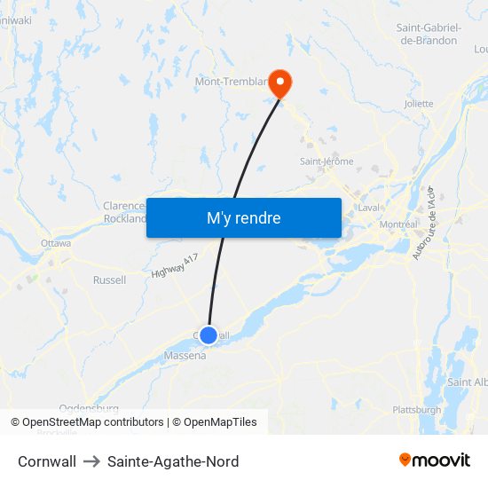 Cornwall to Sainte-Agathe-Nord map