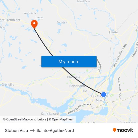 Station Viau to Sainte-Agathe-Nord map