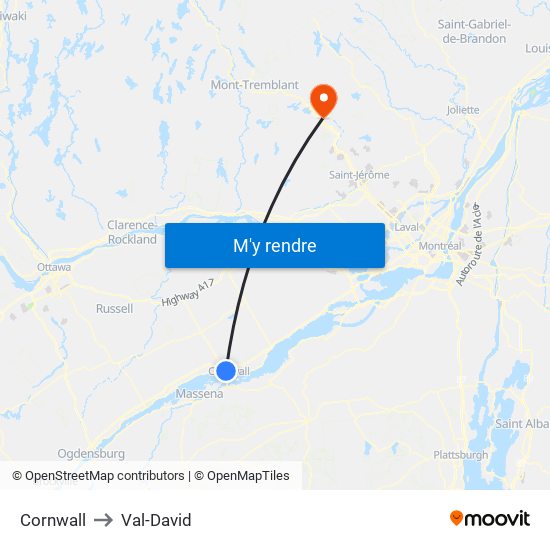 Cornwall to Val-David map