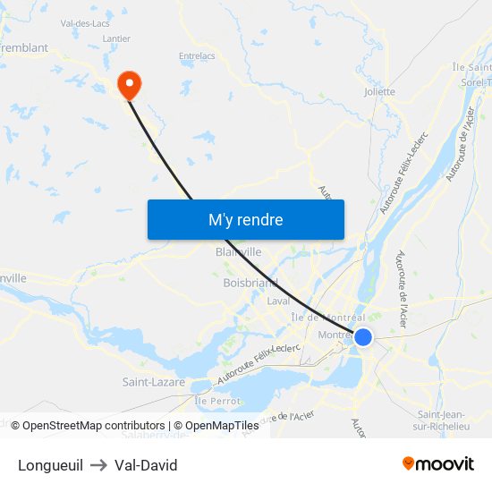 Longueuil to Val-David map