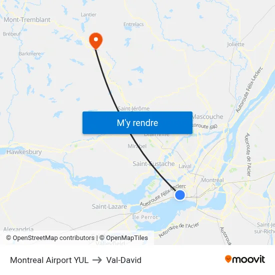 Montreal Airport YUL to Val-David map
