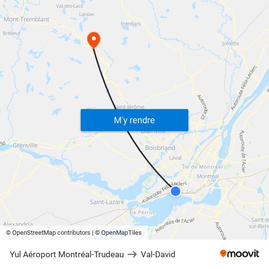 Yul Aéroport Montréal-Trudeau to Val-David map