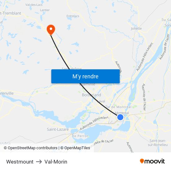 Westmount to Val-Morin map