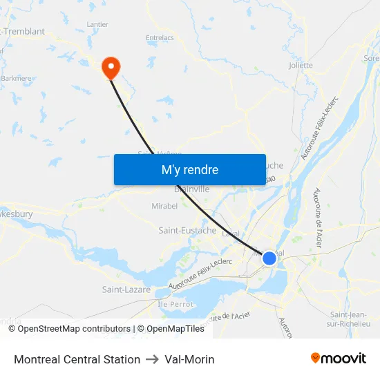 Montreal Central Station to Val-Morin map