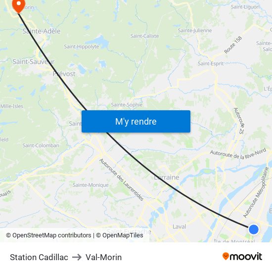 Station Cadillac to Val-Morin map