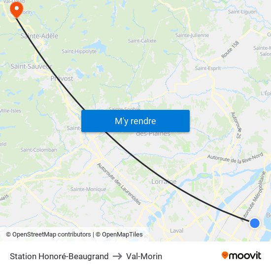 Station Honoré-Beaugrand to Val-Morin map