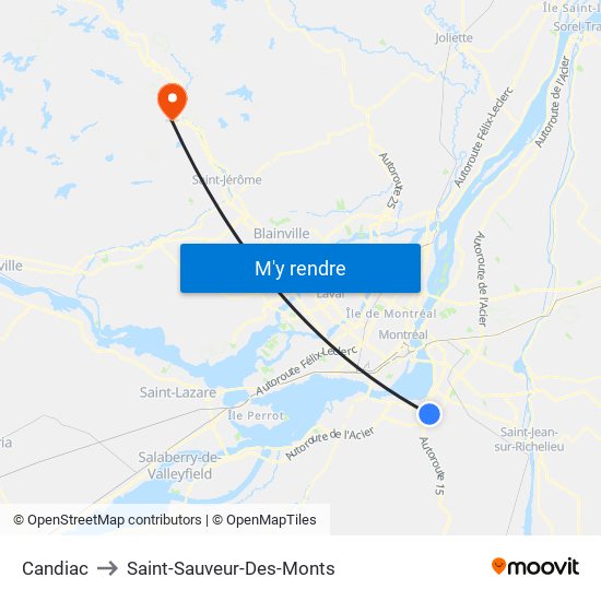 Candiac to Saint-Sauveur-Des-Monts map