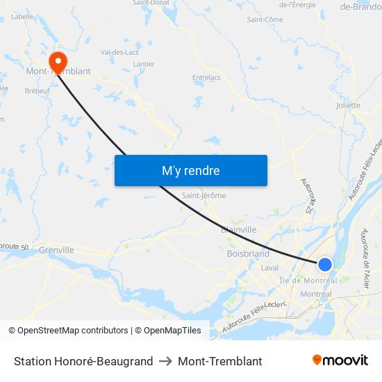 Station Honoré-Beaugrand to Mont-Tremblant map