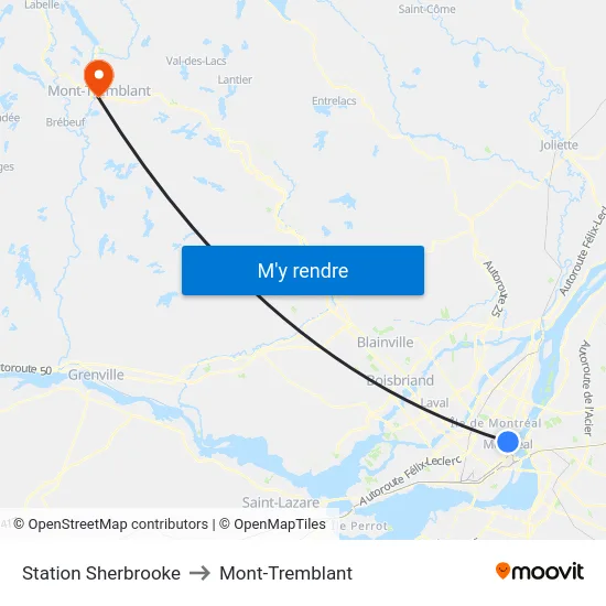 Station Sherbrooke to Mont-Tremblant map