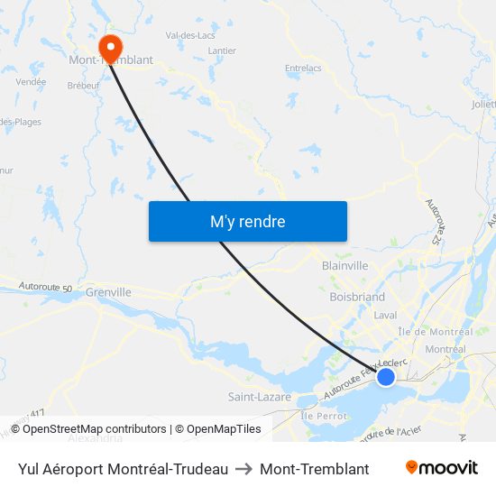 Yul Aéroport Montréal-Trudeau to Mont-Tremblant map