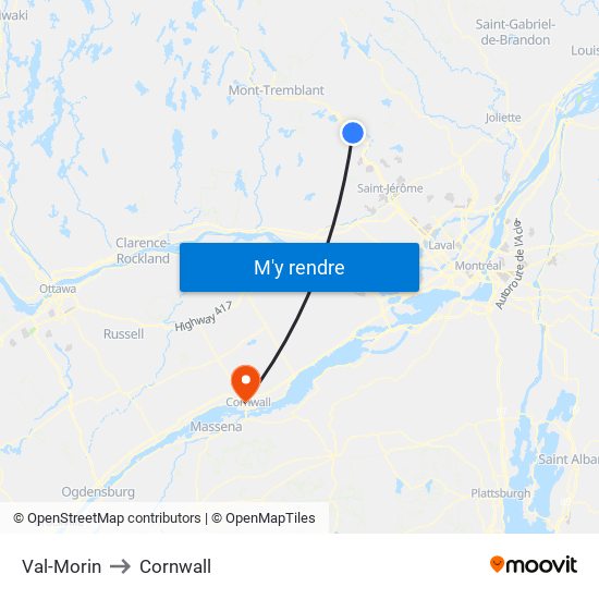 Val-Morin to Cornwall map