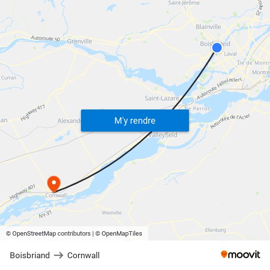 Boisbriand to Cornwall map