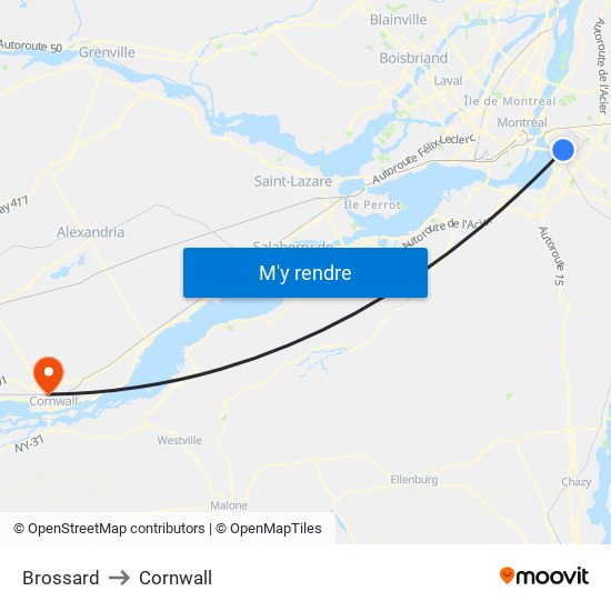 Brossard to Cornwall map