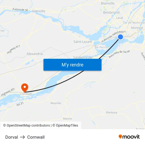 Dorval to Cornwall map