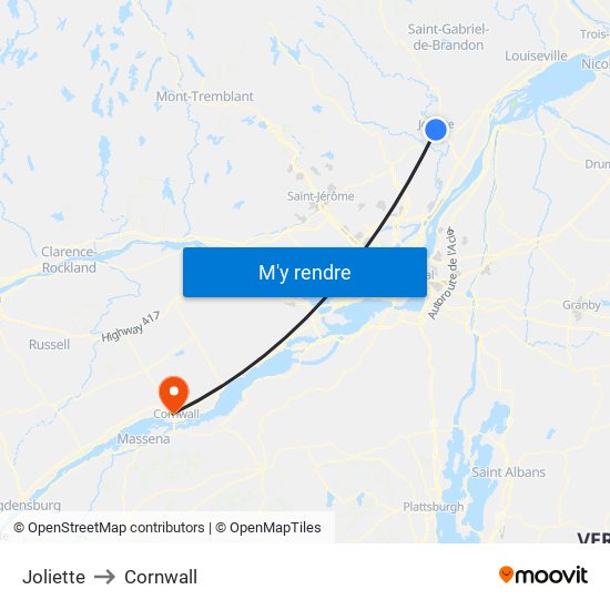 Joliette to Cornwall map