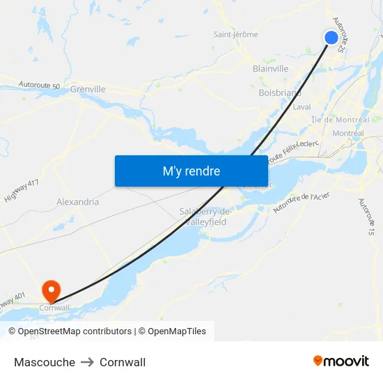 Mascouche to Cornwall map
