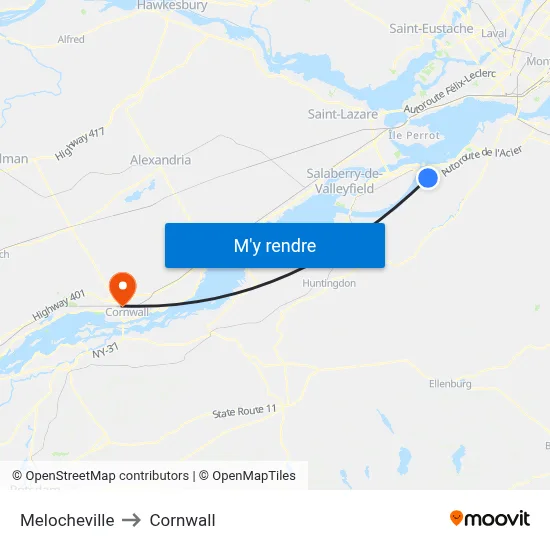 Melocheville to Cornwall map