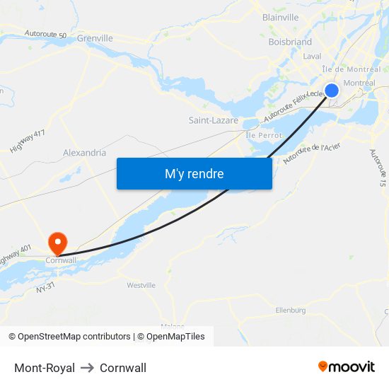 Mont-Royal to Cornwall map