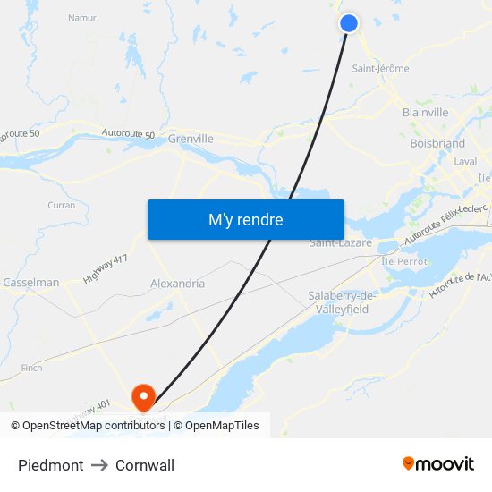 Piedmont to Cornwall map