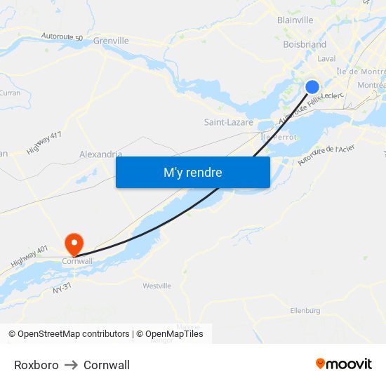 Roxboro to Cornwall map