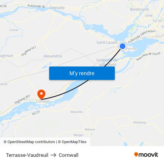 Terrasse-Vaudreuil to Cornwall map