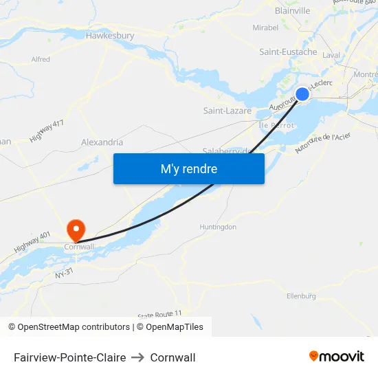 Fairview-Pointe-Claire to Cornwall map