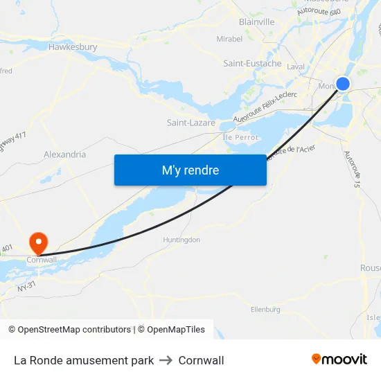 La Ronde amusement park to Cornwall map