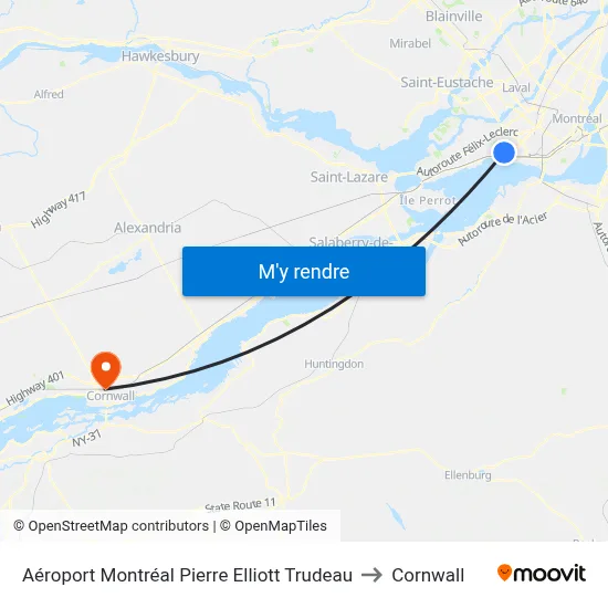 Aéroport Montréal Pierre Elliott Trudeau to Cornwall map