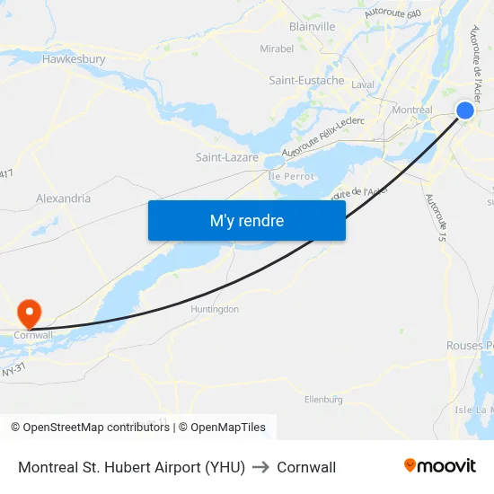Montreal St. Hubert Airport (YHU) to Cornwall map
