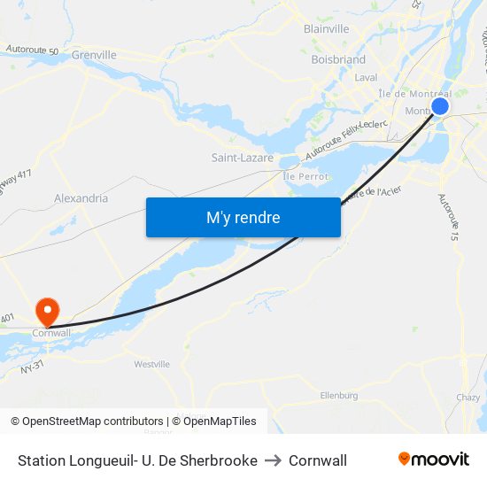 Station Longueuil- U. De Sherbrooke to Cornwall map
