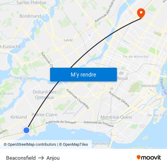 Beaconsfield to Anjou map