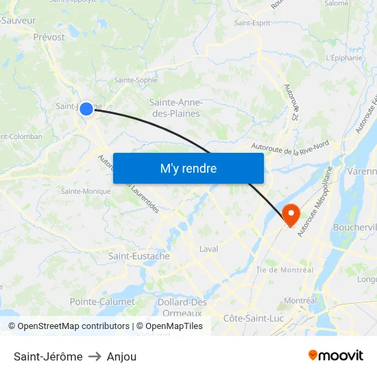 Saint-Jérôme to Anjou map