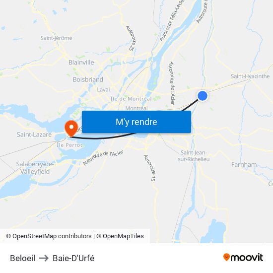 Beloeil to Baie-D'Urfé map